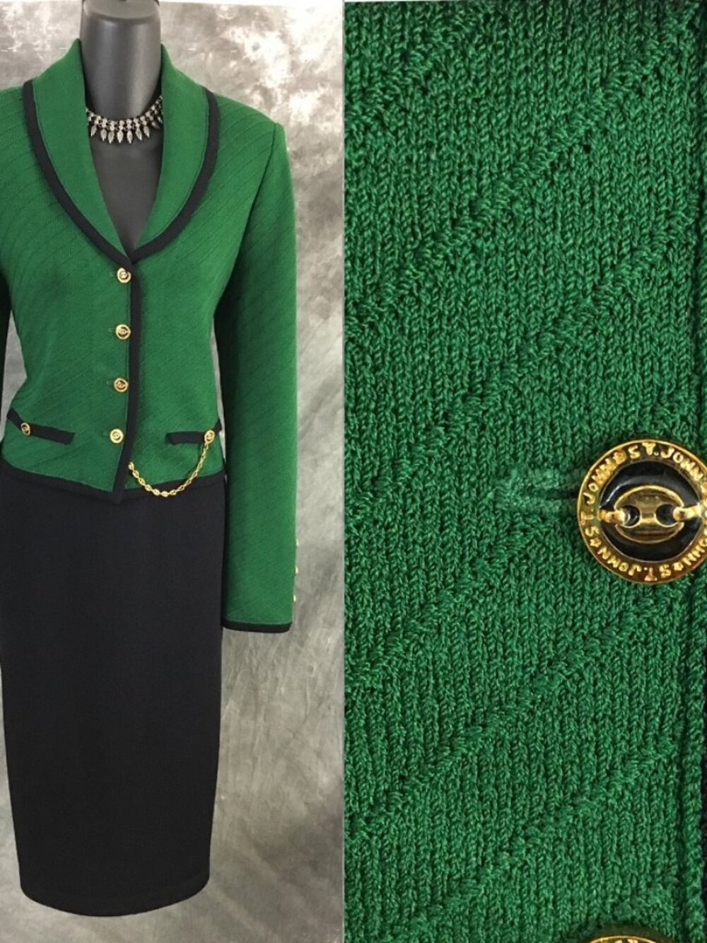 BEAUTIFUL St John collection knit green black jacket skirt suit size 4